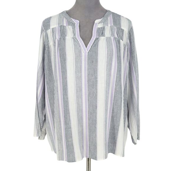 Splendid Top Womens XL White Lavender Stripe Linen Blend Pullover Blouse - Picture 1 of 12